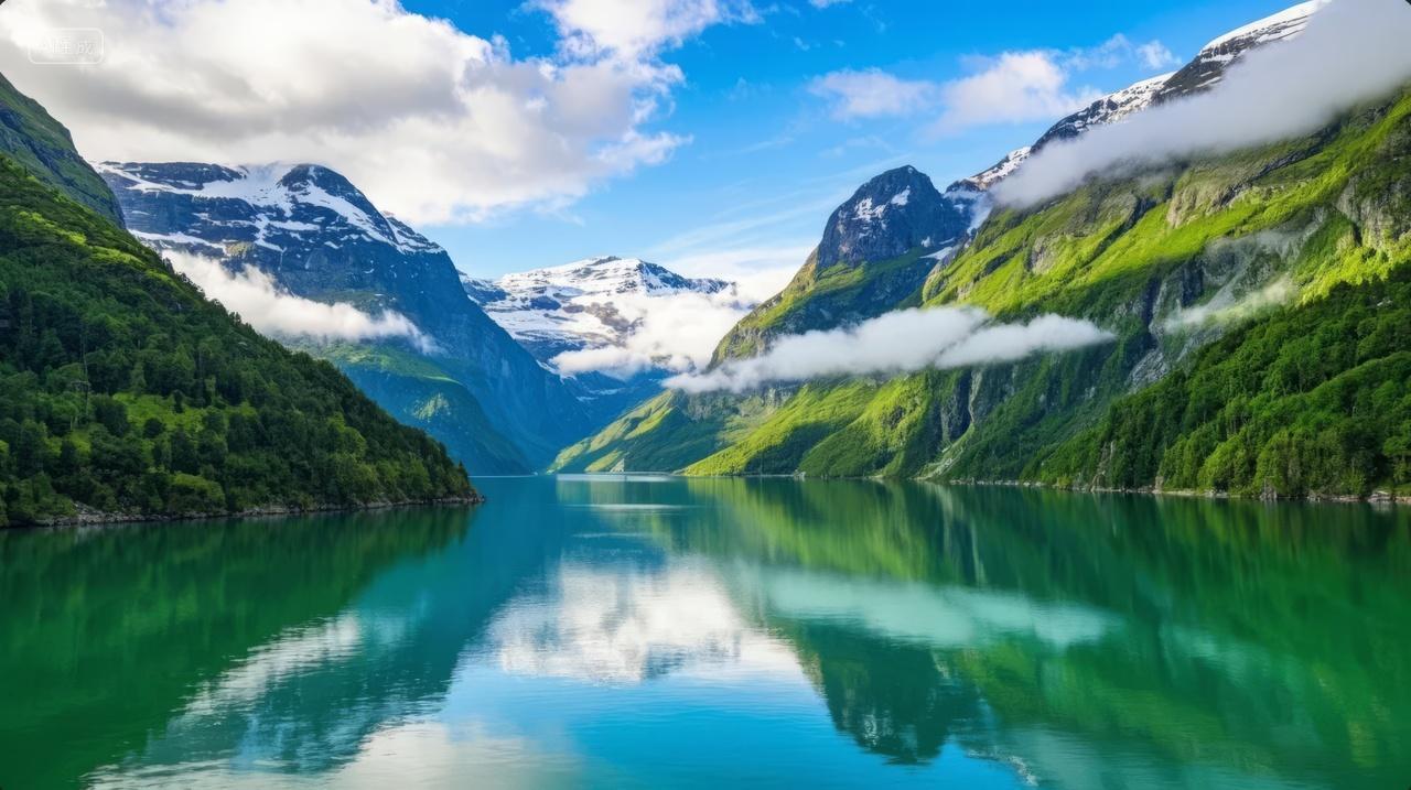 夏至大暑节气挪威峡湾瀑布雪山游轮风光背景
