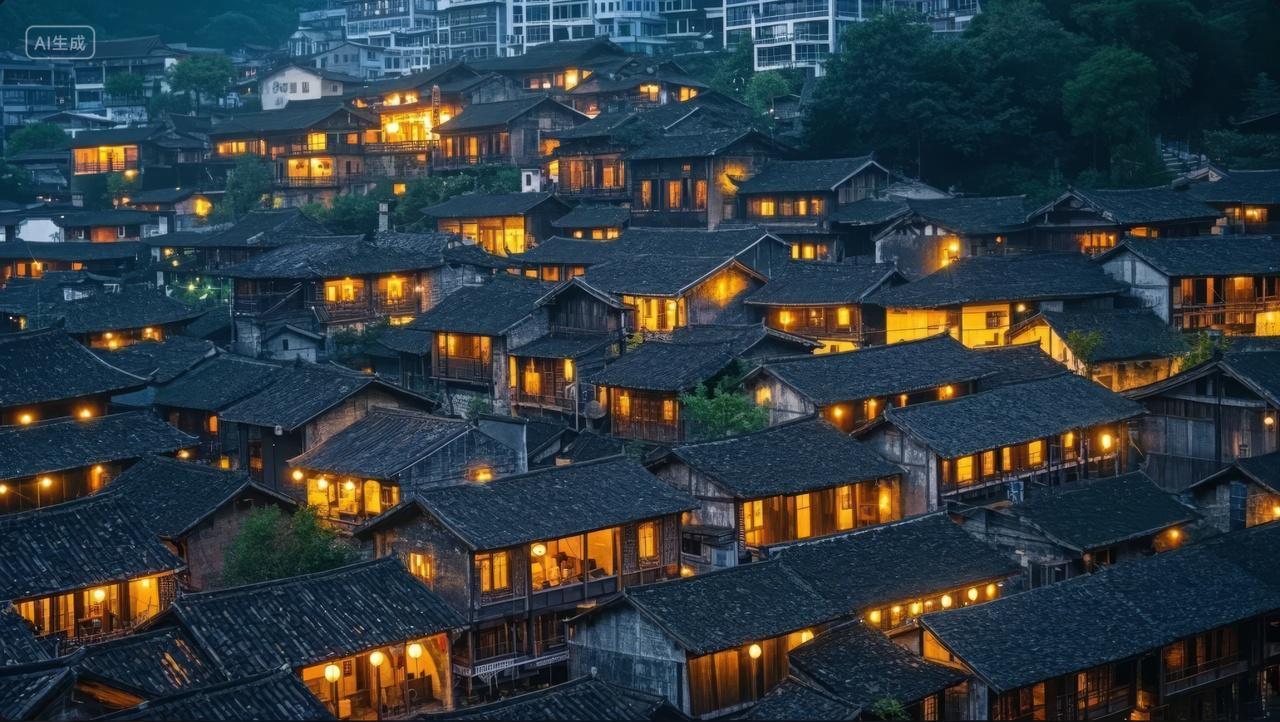 古村落夜景灯火阑珊吊脚楼旅游文化体验背景
