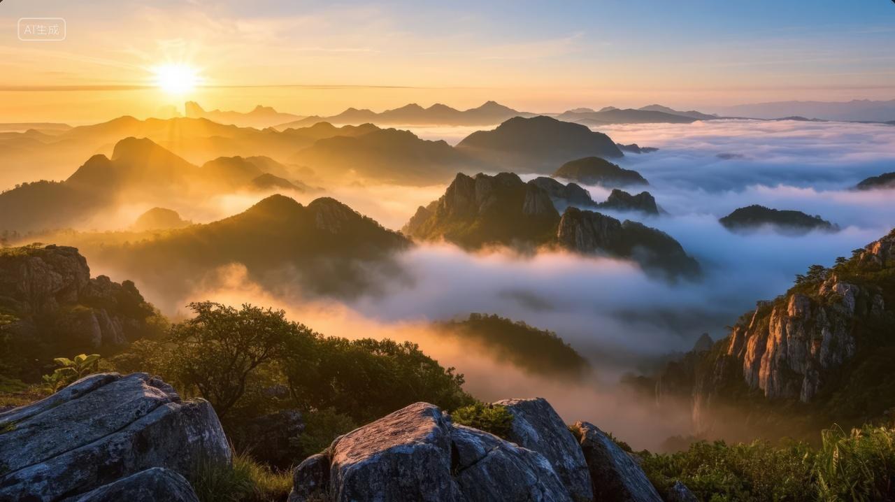 日出云海山峰金光普照仙境旅游风光背景