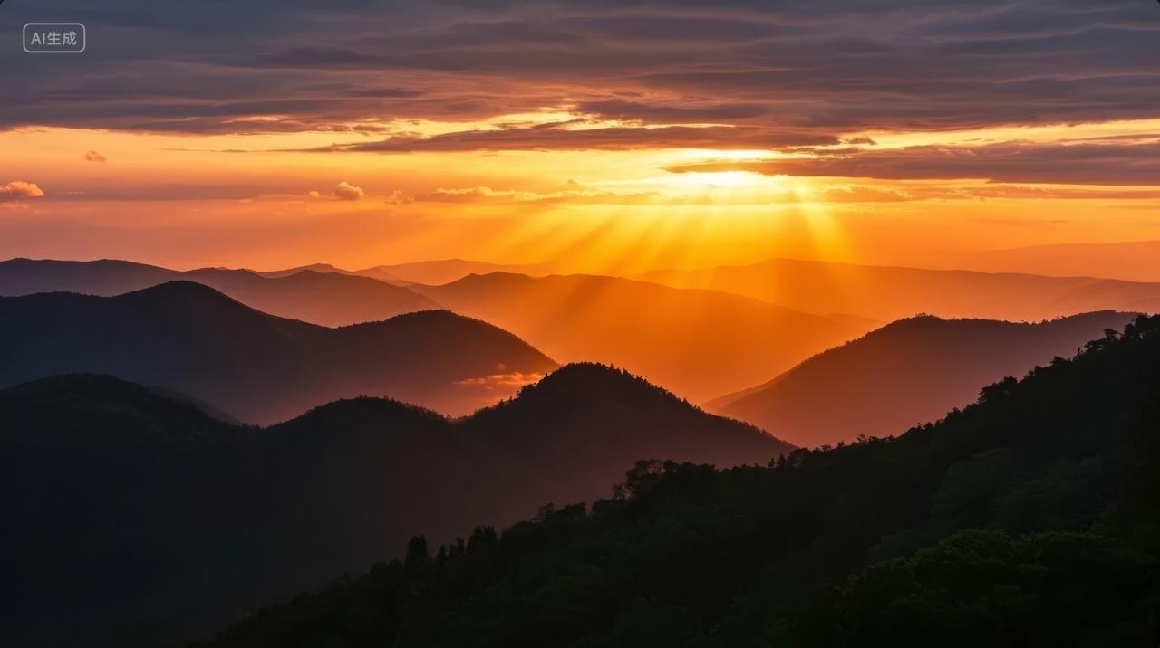 日落时分层峦叠嶂山脉剪影壮丽唯美风光背景