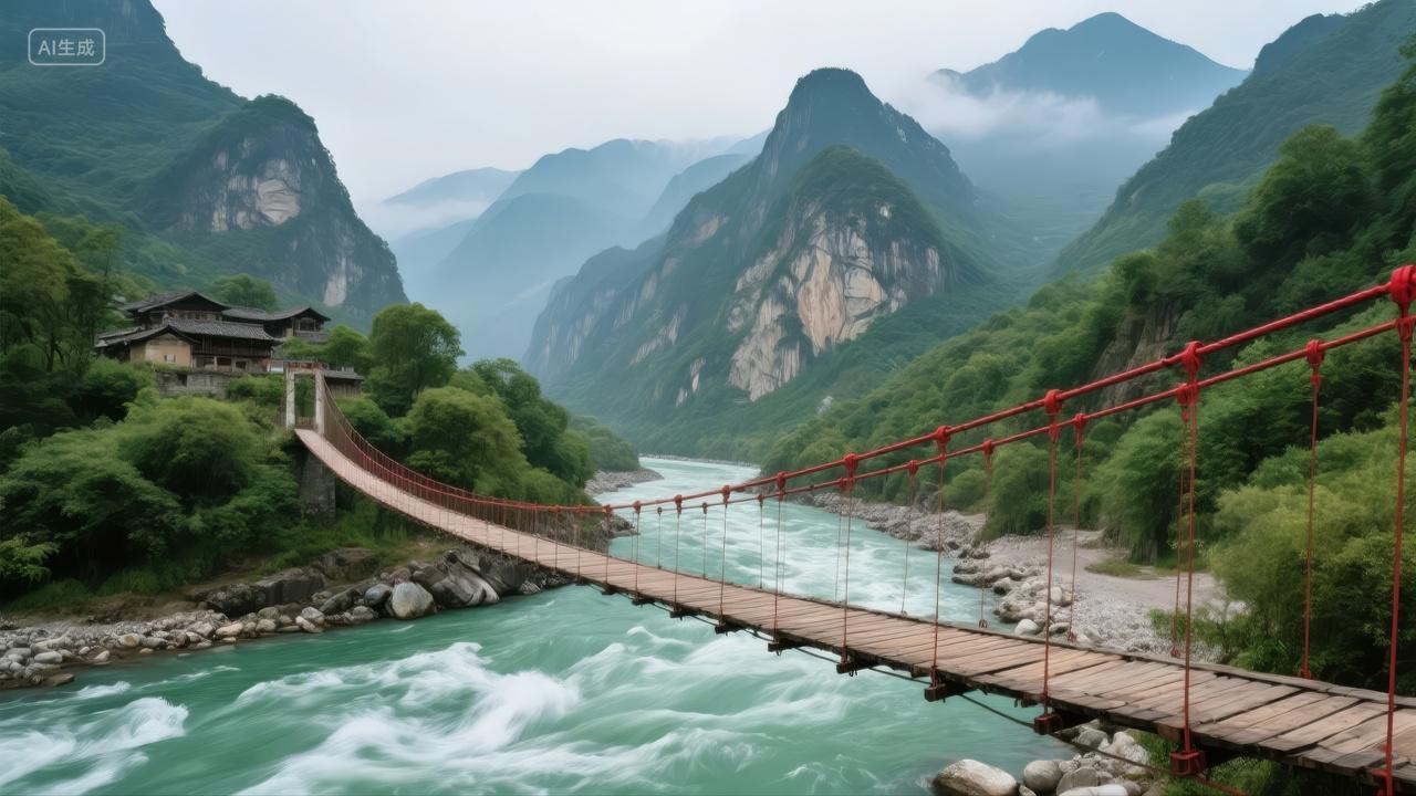 端午节旅游峡谷吊桥河流壮丽自然风光背景