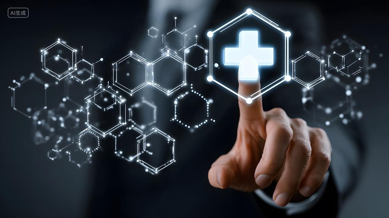 商务人士点击数字医疗图标展示智慧医疗科技创新概念