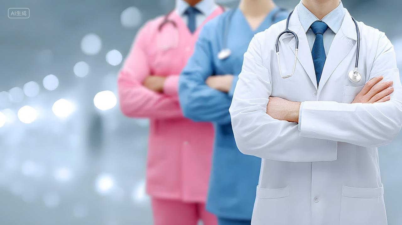 三位医护人员交叉双臂站立展示专业医疗团队形象图