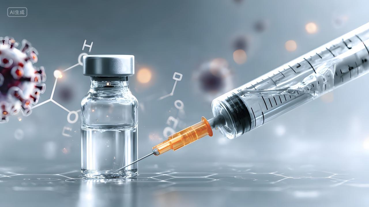 注射器与疫苗瓶近景展现病毒防护医疗科技图