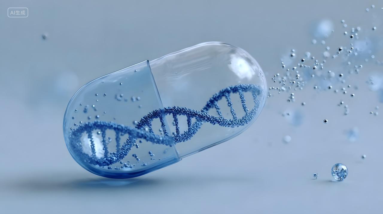 蓝色背景下含DNA双螺旋结构的胶囊药物医疗科技图