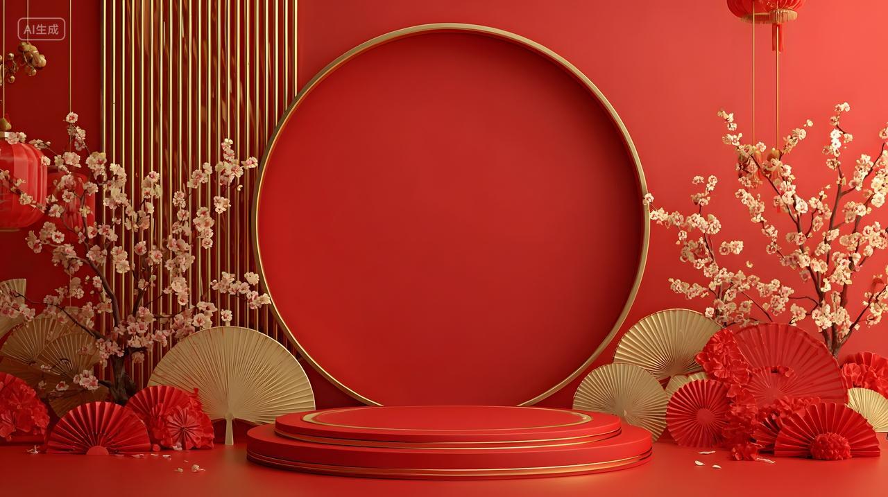 电商背景红色圆形展示台装饰