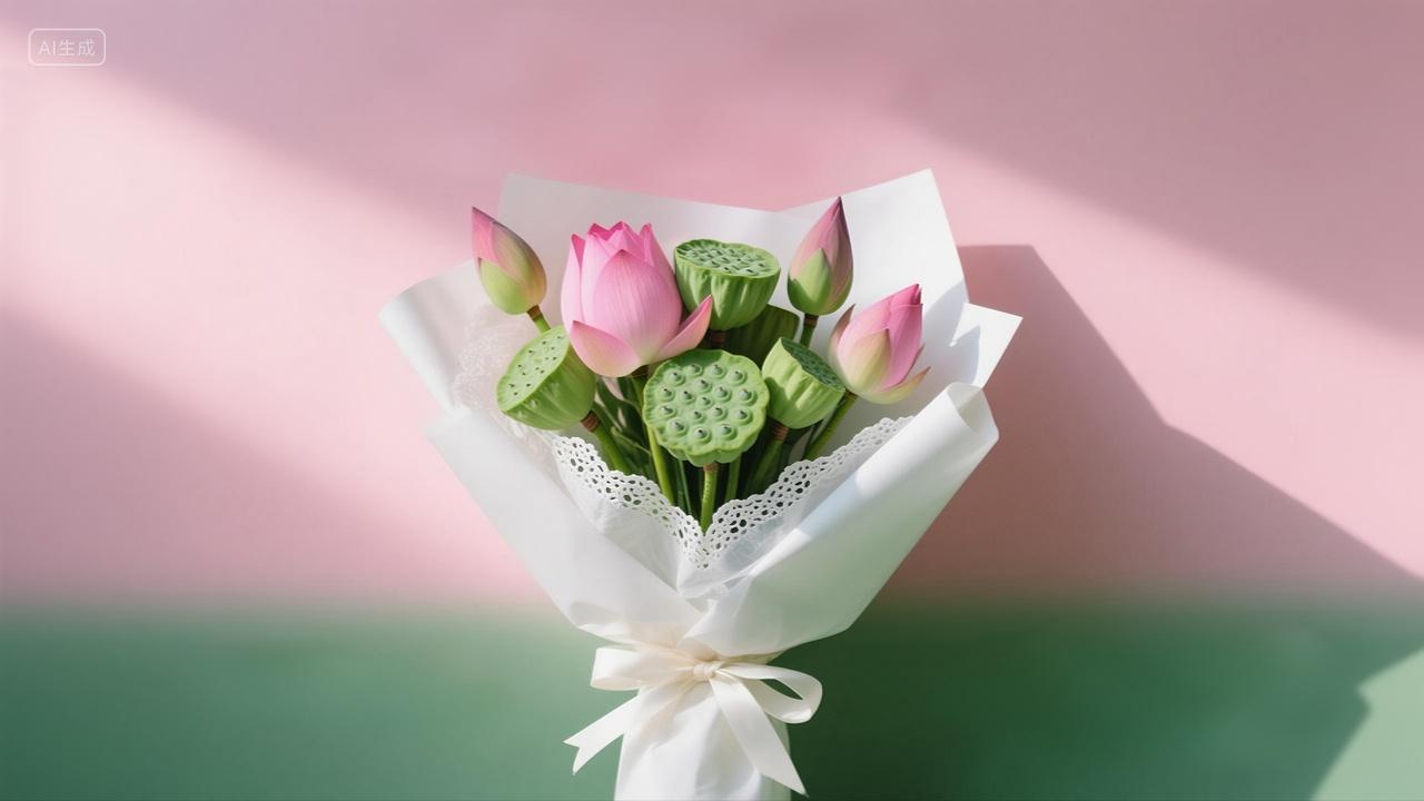 莲蓬荷花荷苞组成的花束鲜花