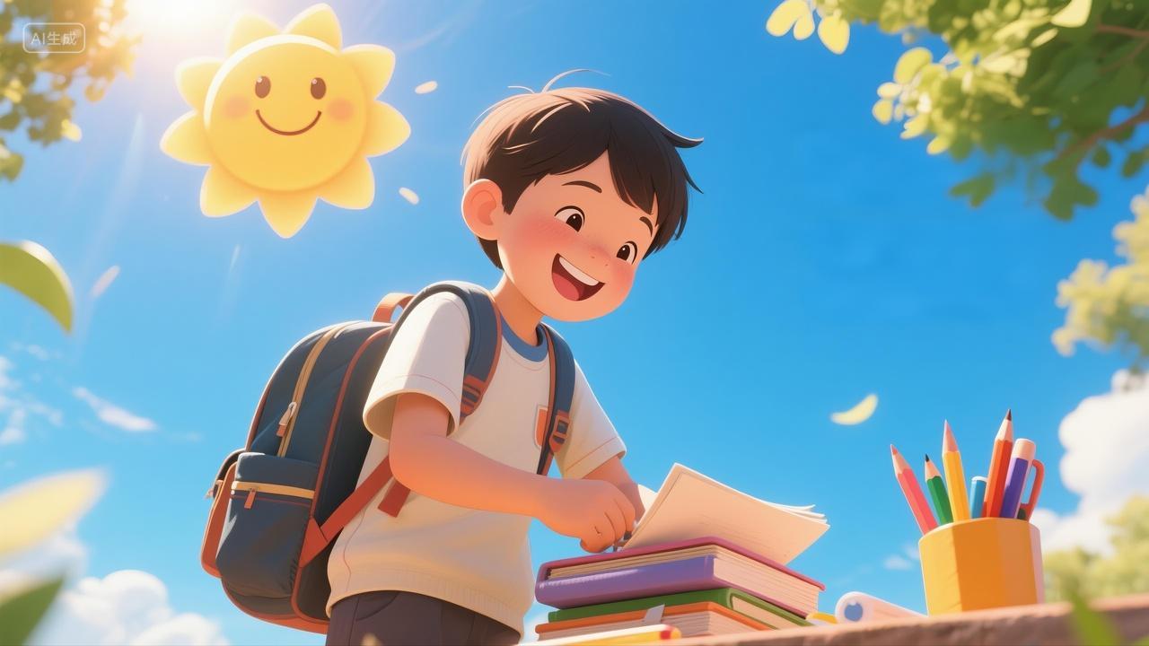 开学季小学生在阳光下笑着整理书籍学习用品