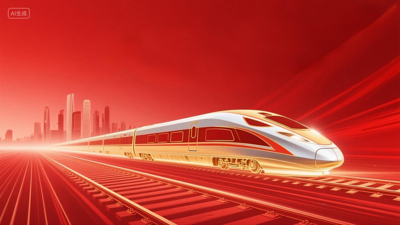 春运高铁动车轨道城市红色大气背景