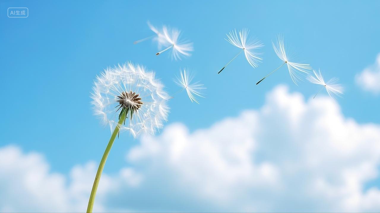 蓝天白云下蒲公英随风飞舞自然风景