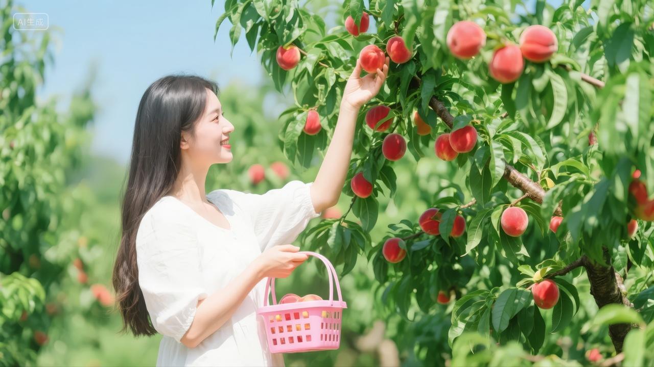 夏至节气果园采摘桃子丰收喜悦生活背景