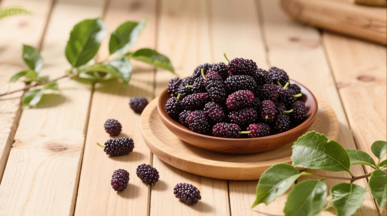 新鲜桑葚水果木碗绿叶健康饮食静物背景