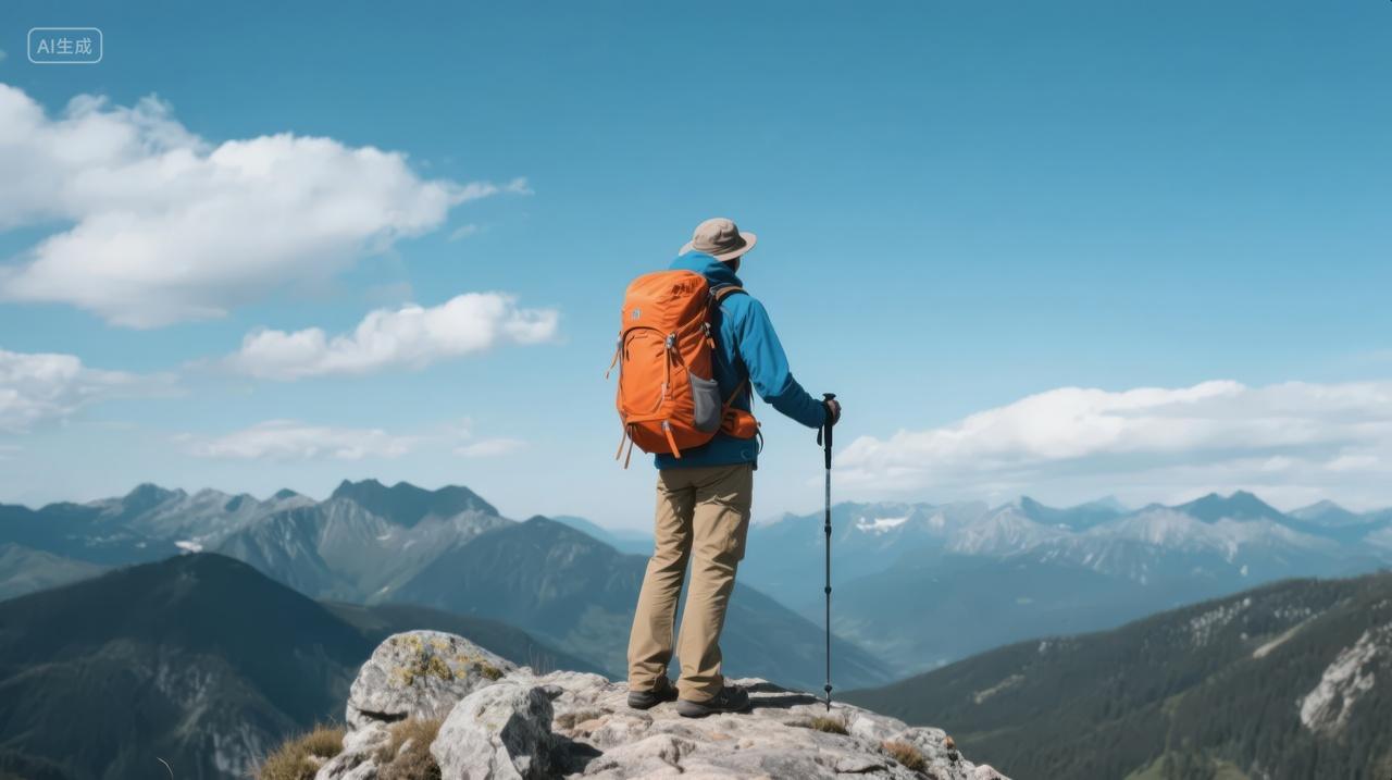 登山徒步者山顶远眺励志成功户外背景图