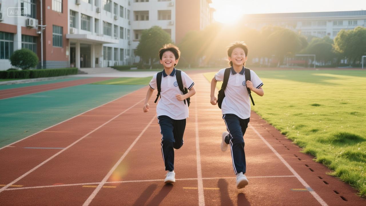 两个朝气蓬勃的初中生背着书包在操场上奔跑