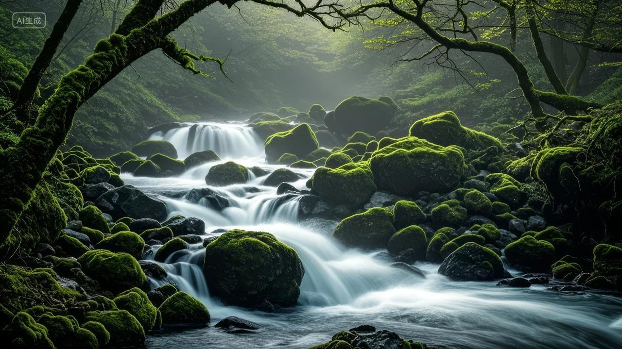 森林溪流瀑布苔藓绿色自然生态疗愈背景