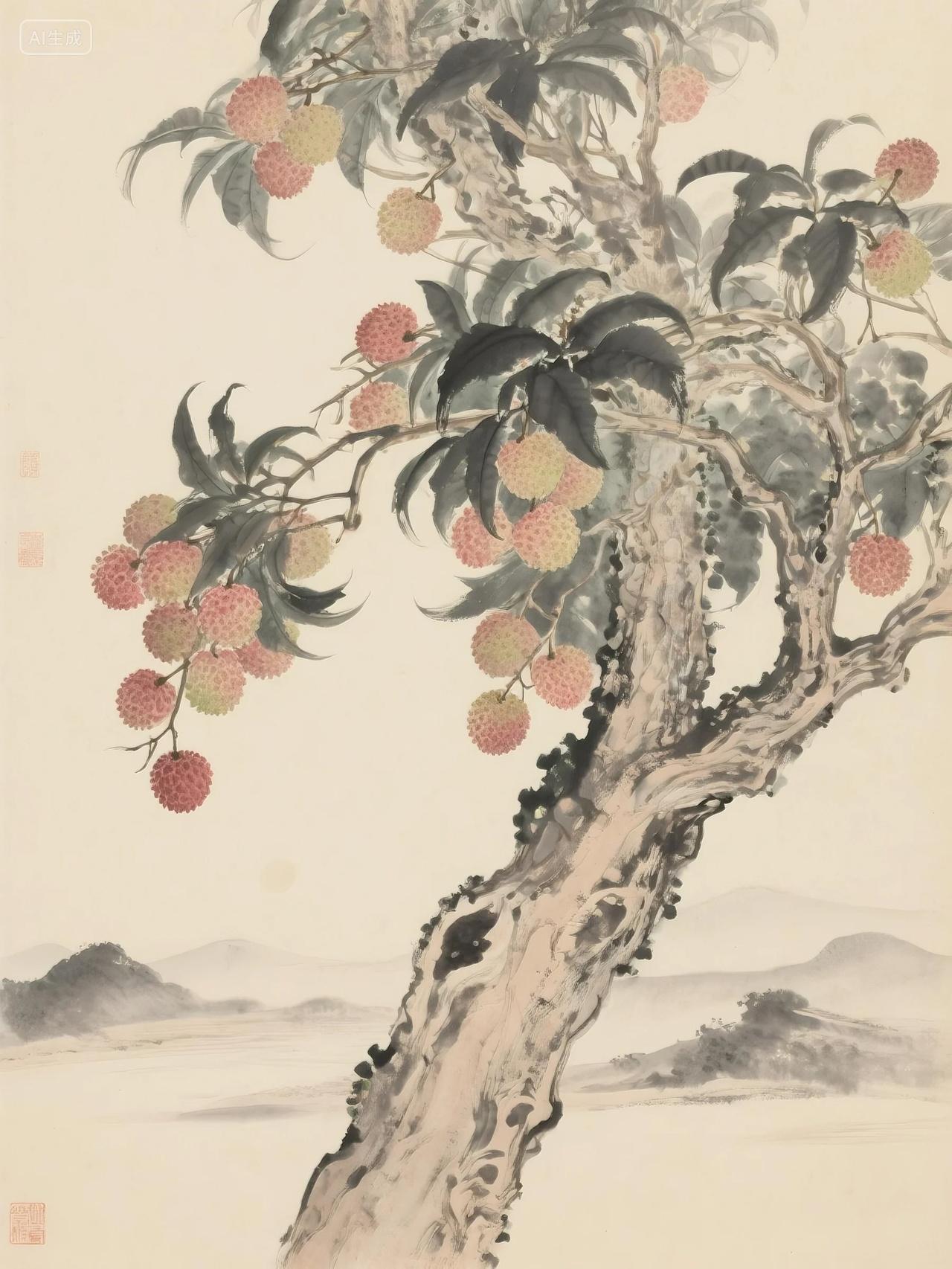 国画彩墨写意荔枝水墨画