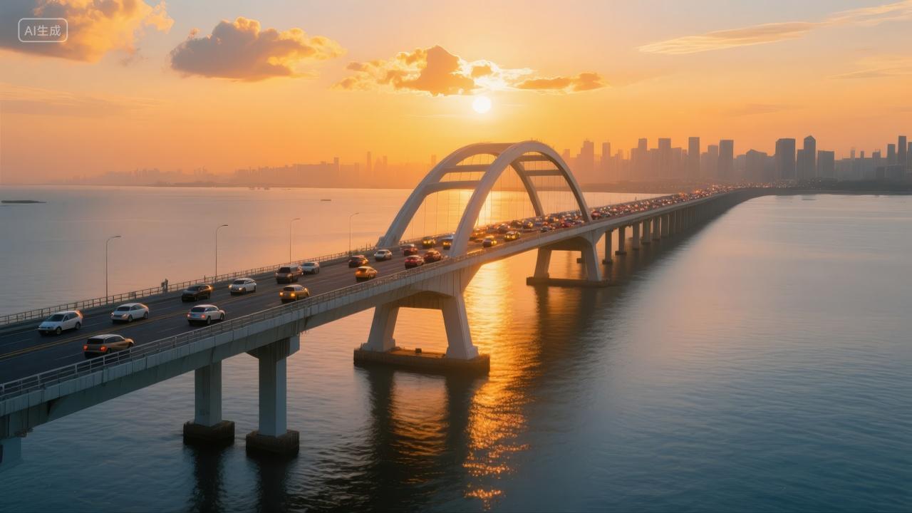 国庆节城市大桥日落交通发展旅游宣传背景