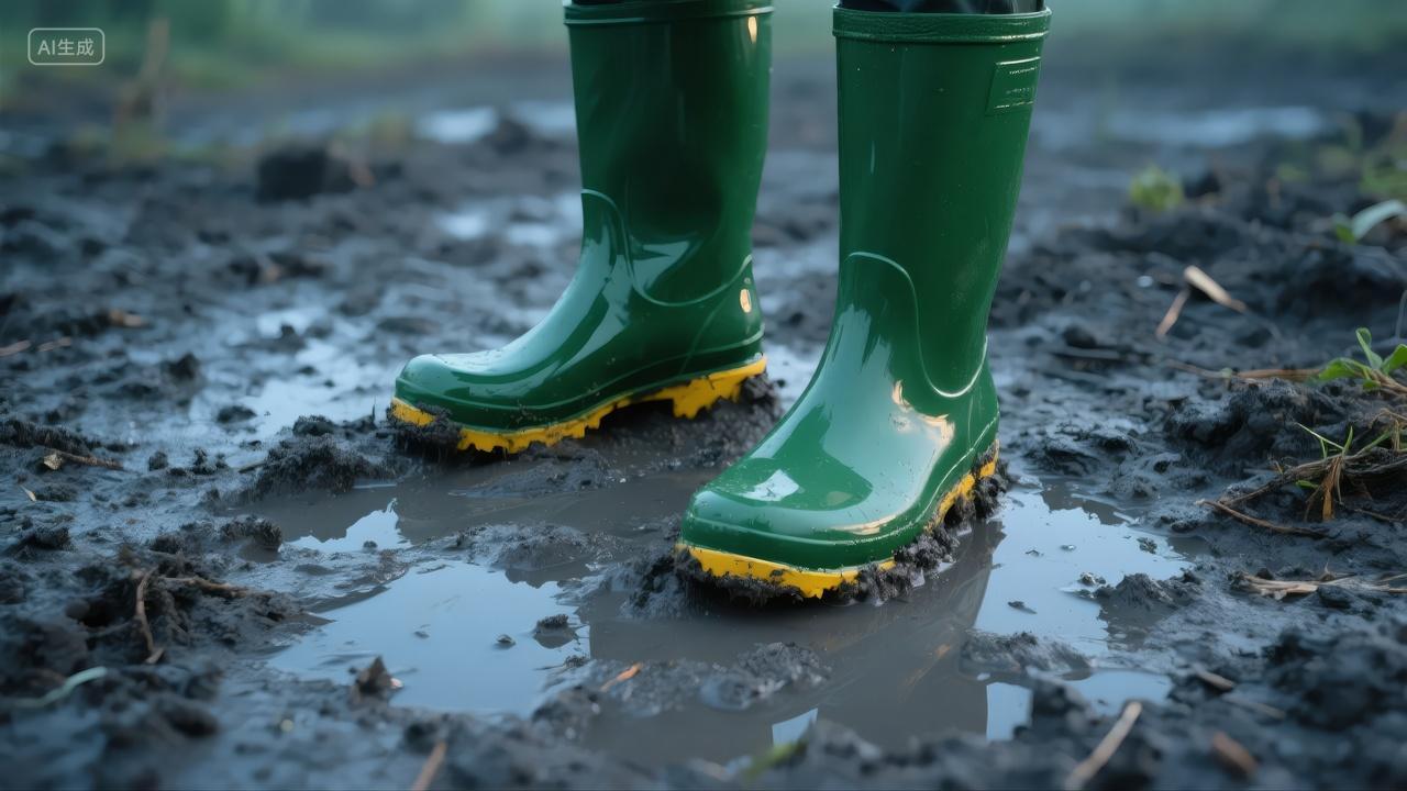 雨水节气雨靴泥泞雨天徒步户外生活背景