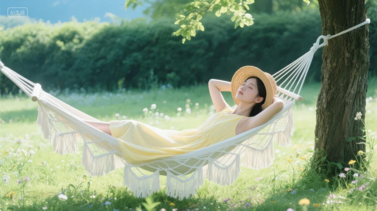 夏季午后吊床女孩草地休闲度假生活背景