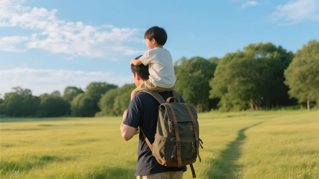 父亲节父子户外草地亲情陪伴成长背景