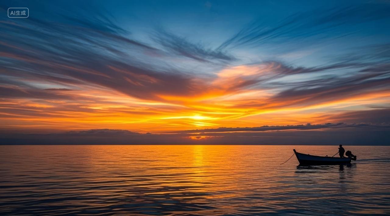 渔夫小船日落湖面剪影宁静唯美背景图