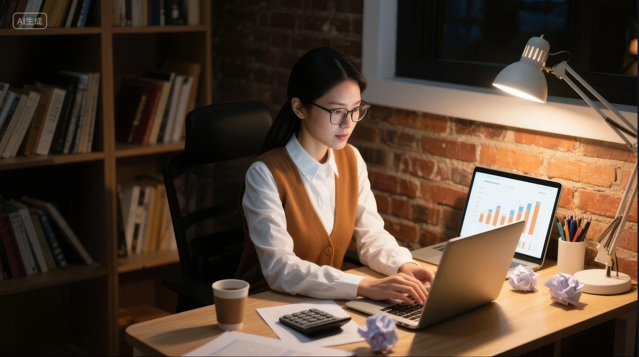 女白领办公室深夜加班电脑报表工作背景