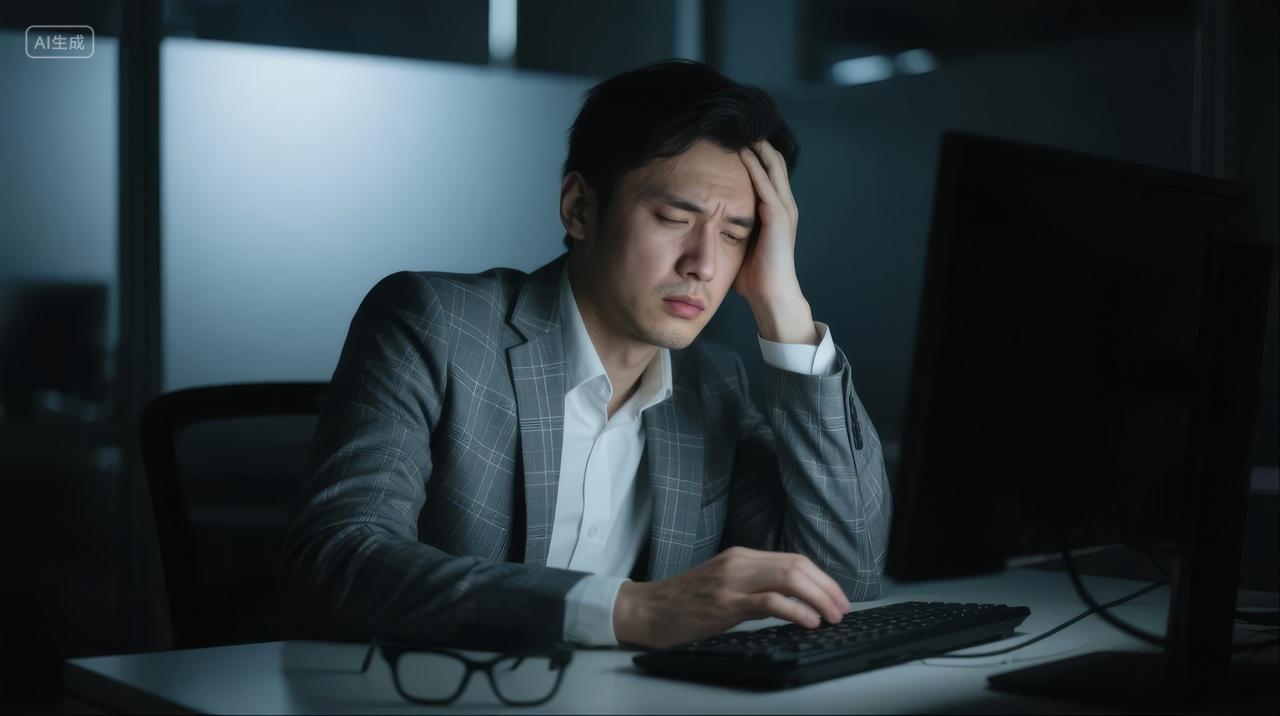 职场男性深夜加班疲惫压力痛苦工作背景