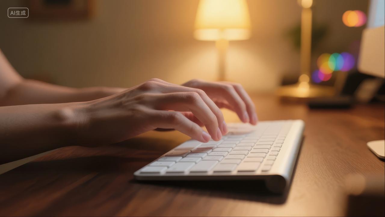 女生夜晚台灯下打字键盘工作学习背景图