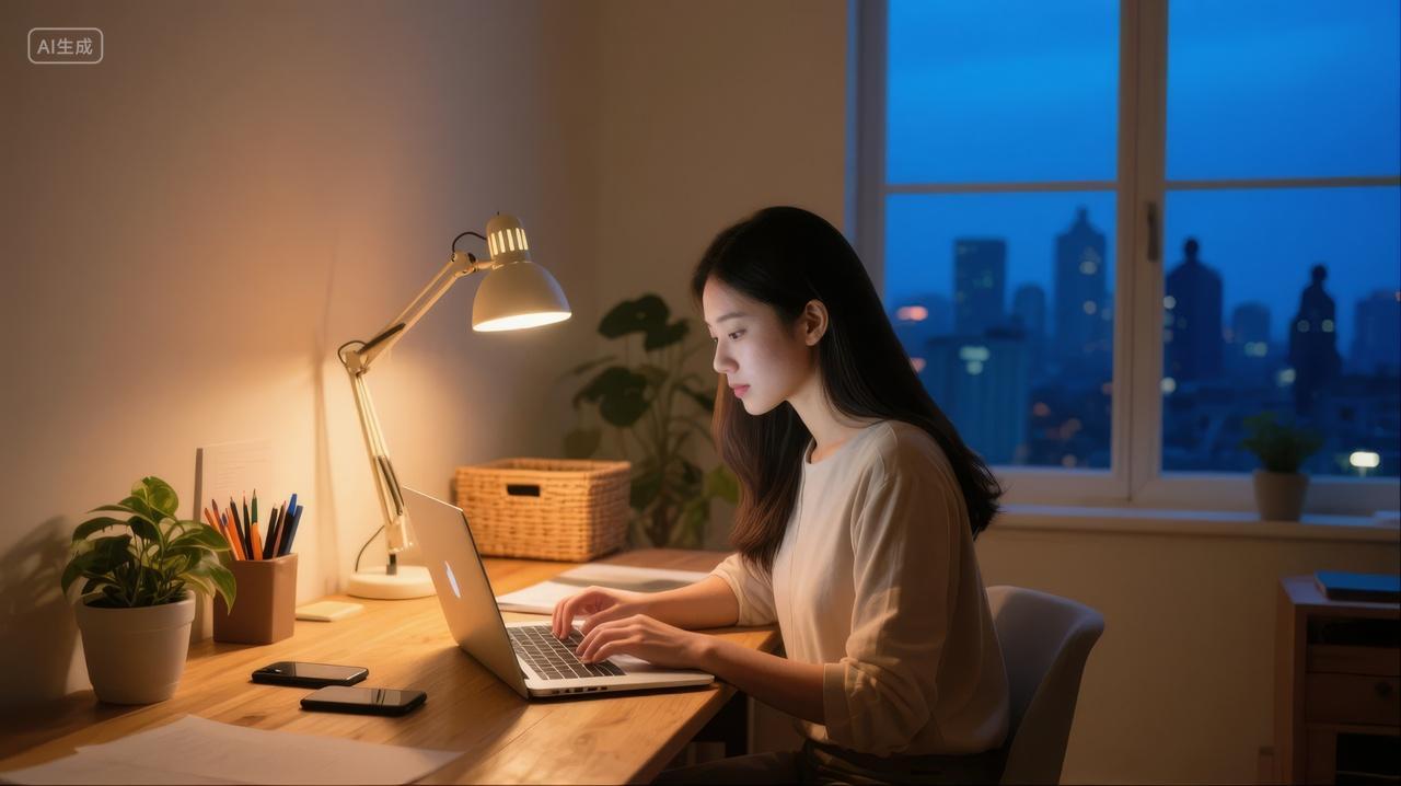 女生居家办公深夜加班电脑工作学习背景
