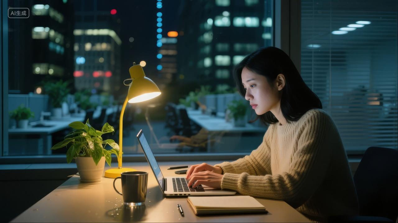 职场女性深夜加班电脑工作疲惫生活背景