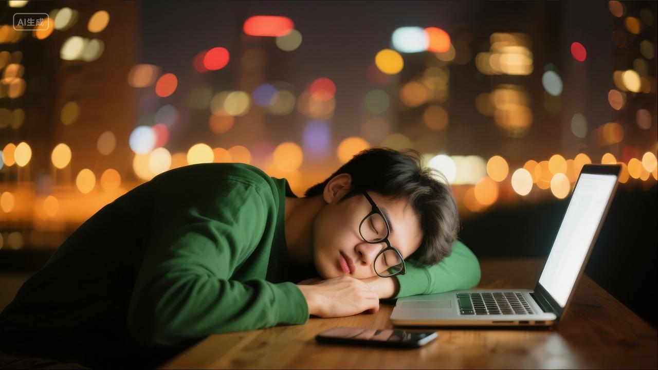 男子深夜加班趴在笔记本电脑上睡觉背景