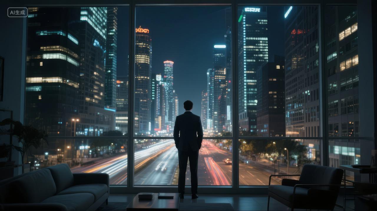 男子窗边眺望城市夜景剪影孤独思考背景