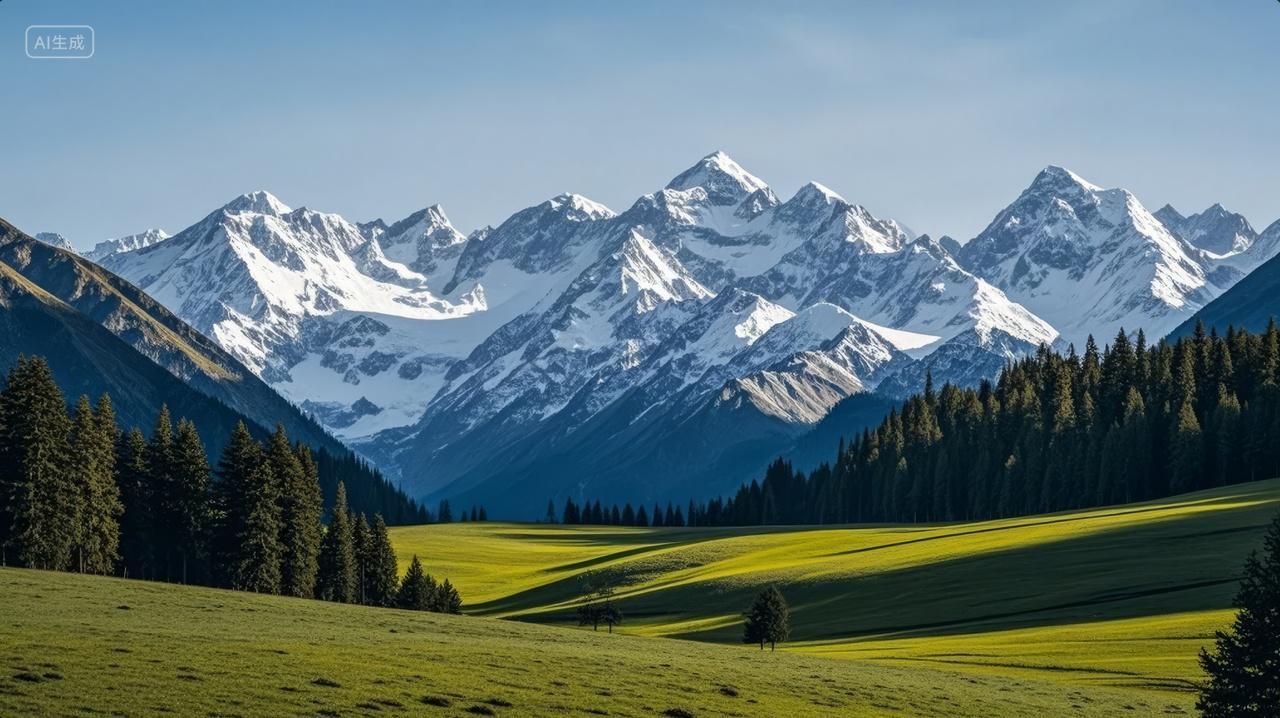 新疆草原雪山森林春夏自然风光旅游背景