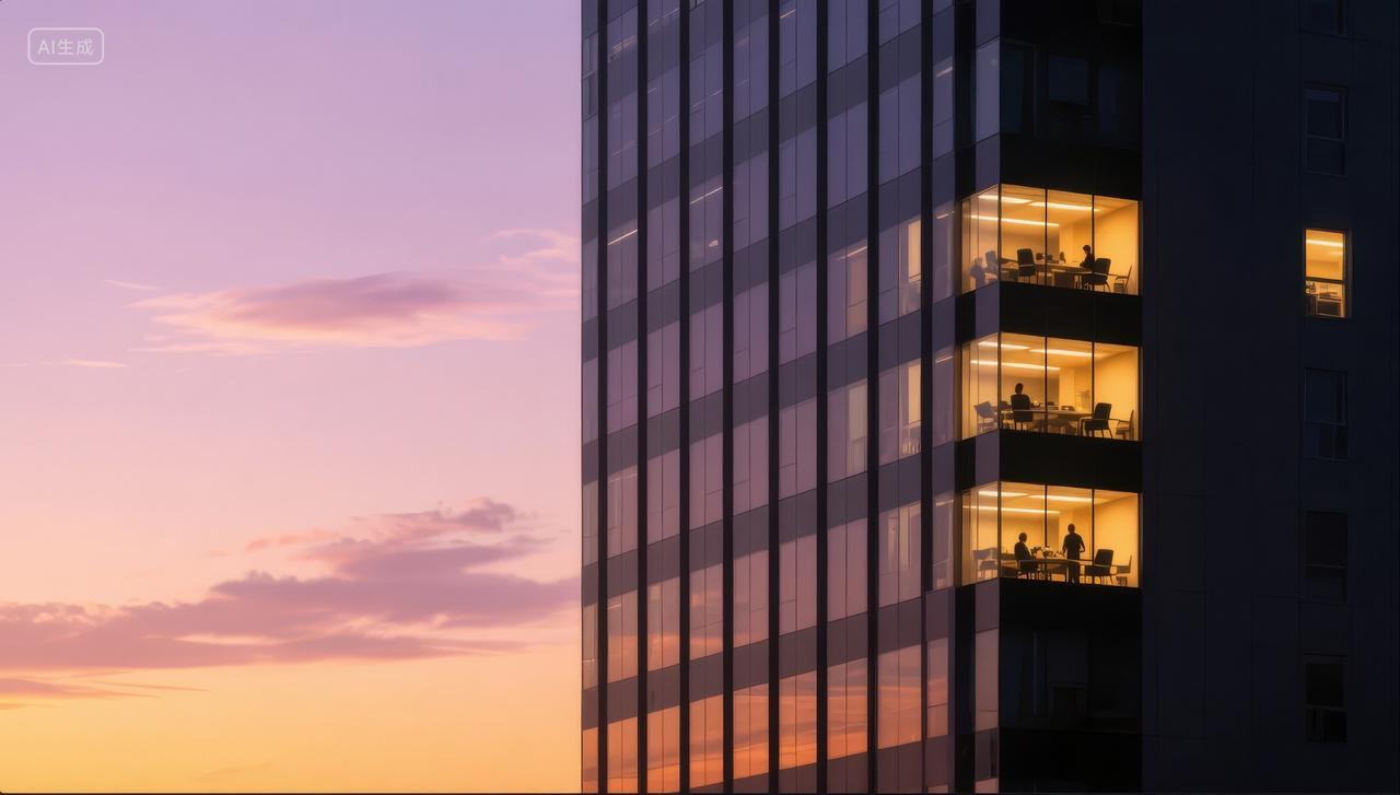 黄昏日落写字楼玻璃幕墙天空晚霞背景图