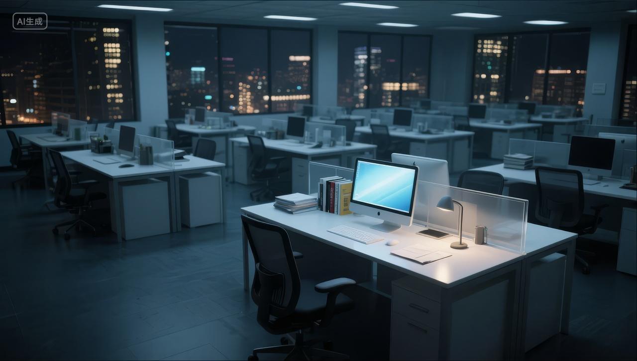 深夜空无一人办公室工位电脑整洁背景图