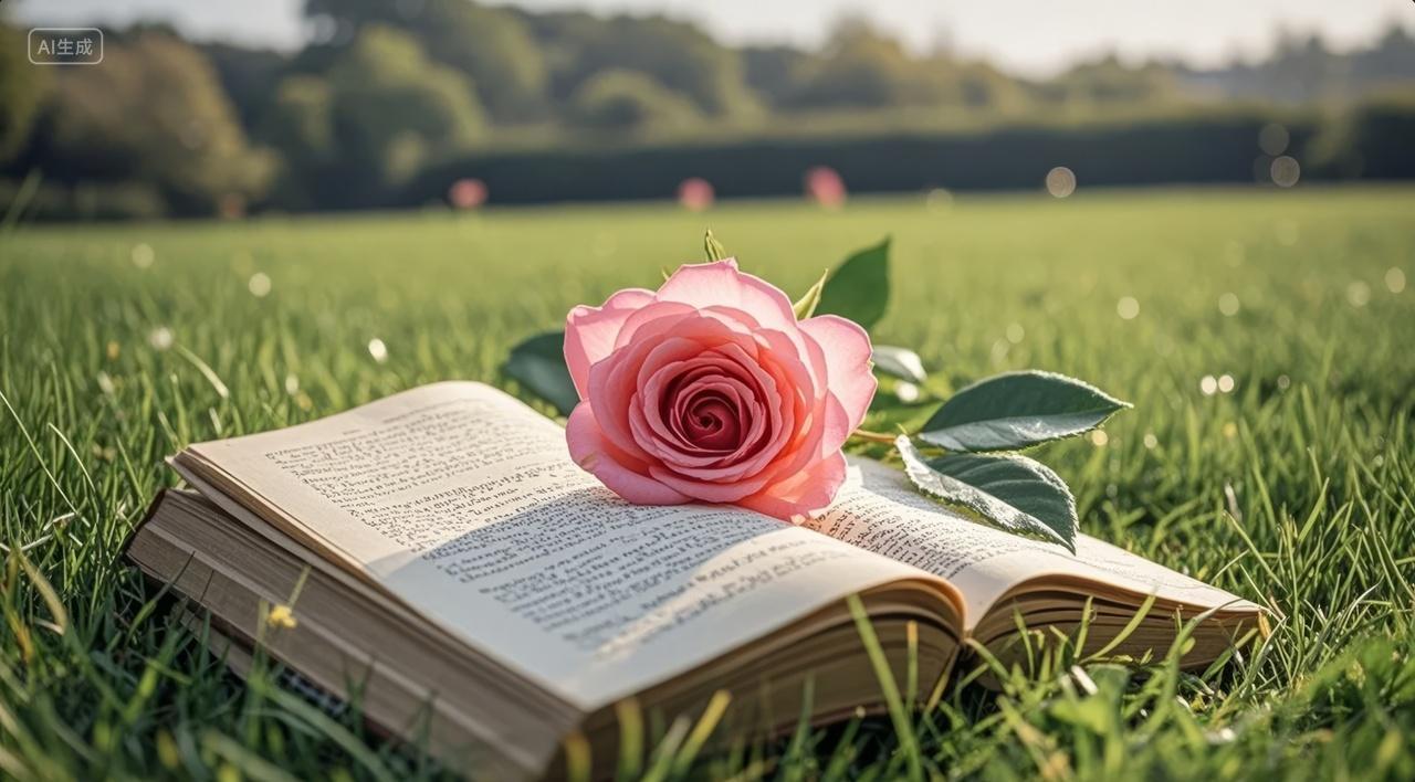 世界读书日草地书本玫瑰浪漫阅读背景图