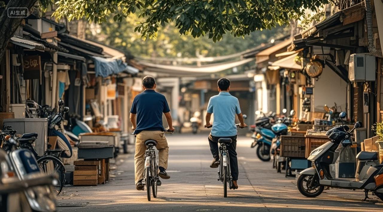 古镇街道骑自行车情侣生活休闲旅游背景