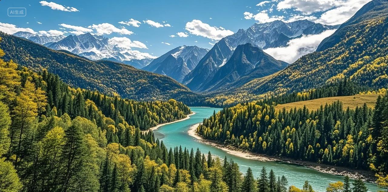 夏季山谷河流森林自然风光旅游徒步背景