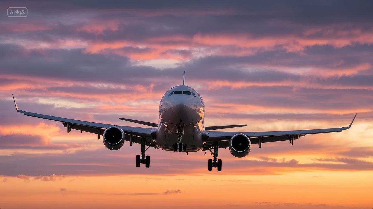 飞机降落机场跑道日落航空背景图