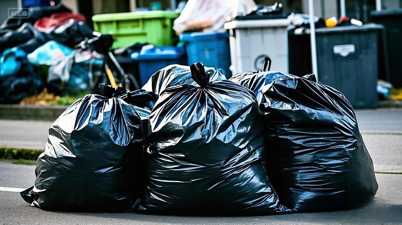 垃圾分类垃圾袋环保保护环境平铺的一堆的黑色垃圾袋AI