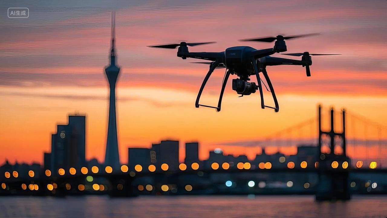 无人机航拍城市日落科技低空经济都市夜景