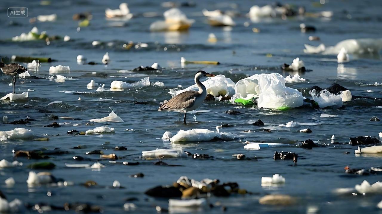 垃圾分类垃圾袋环保保护环境湖泊上飘着很多垃圾袋AI