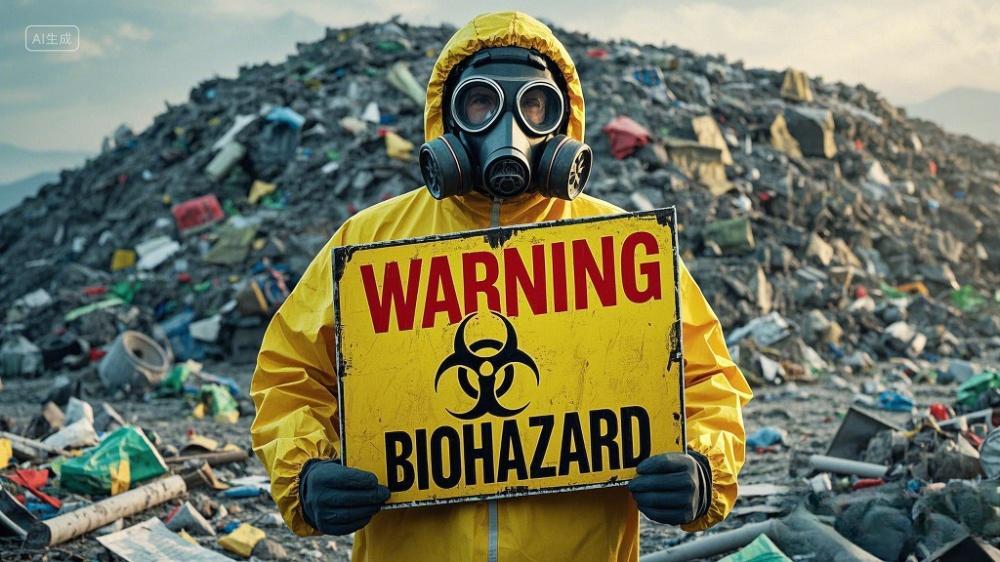 垃圾分类有害垃圾一个人在垃圾场内带着防毒面具AI