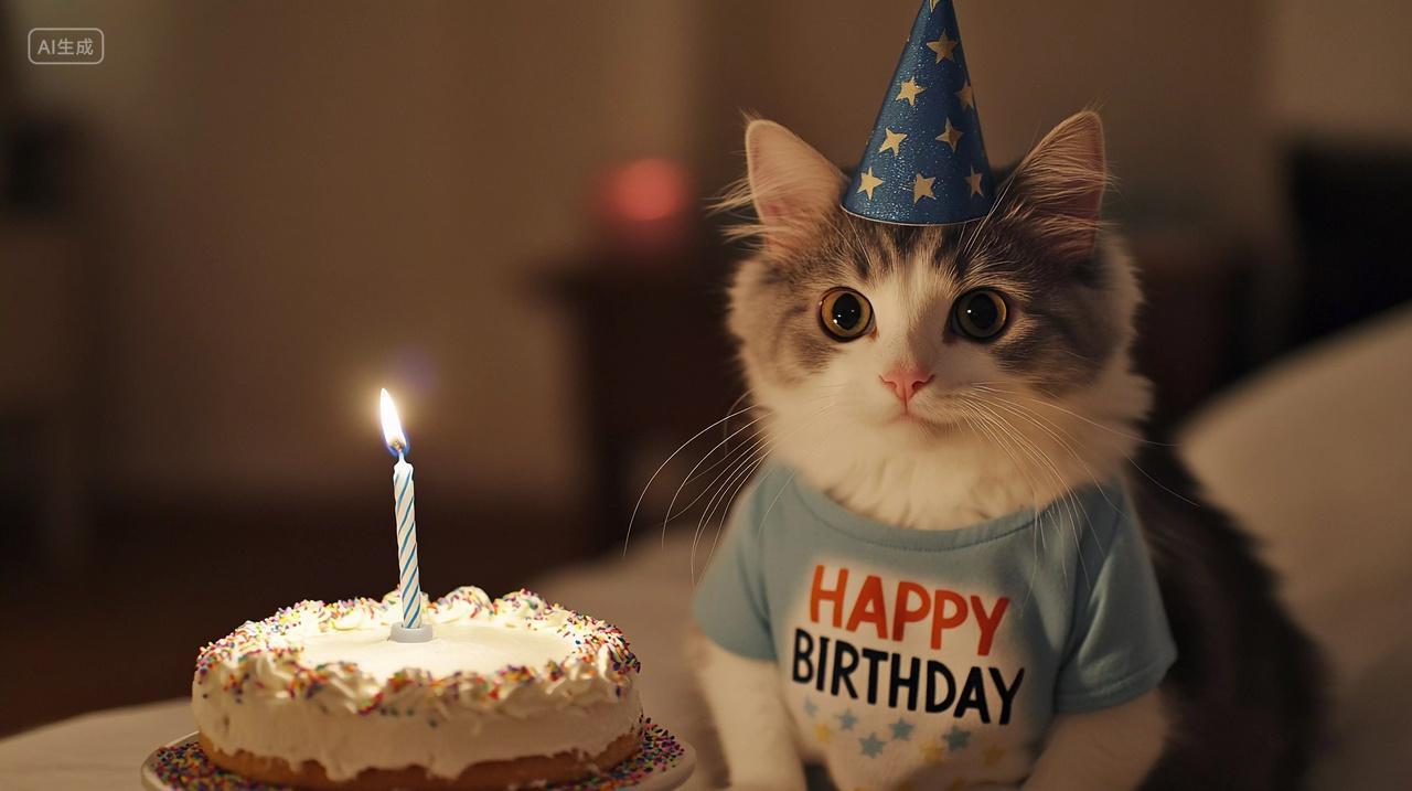戴着生日帽和生日T恤的猫咪乖巧站在蛋糕旁