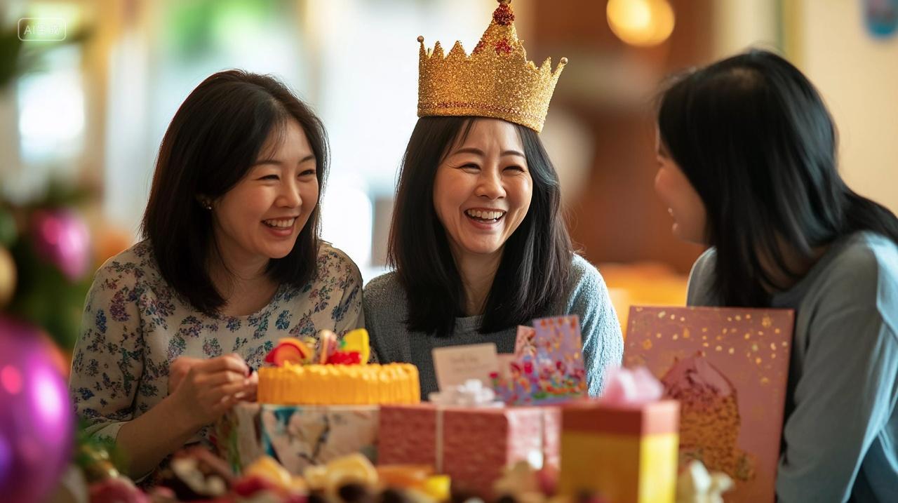 头戴皇冠女子与朋友围绕礼物蛋糕开心庆祝