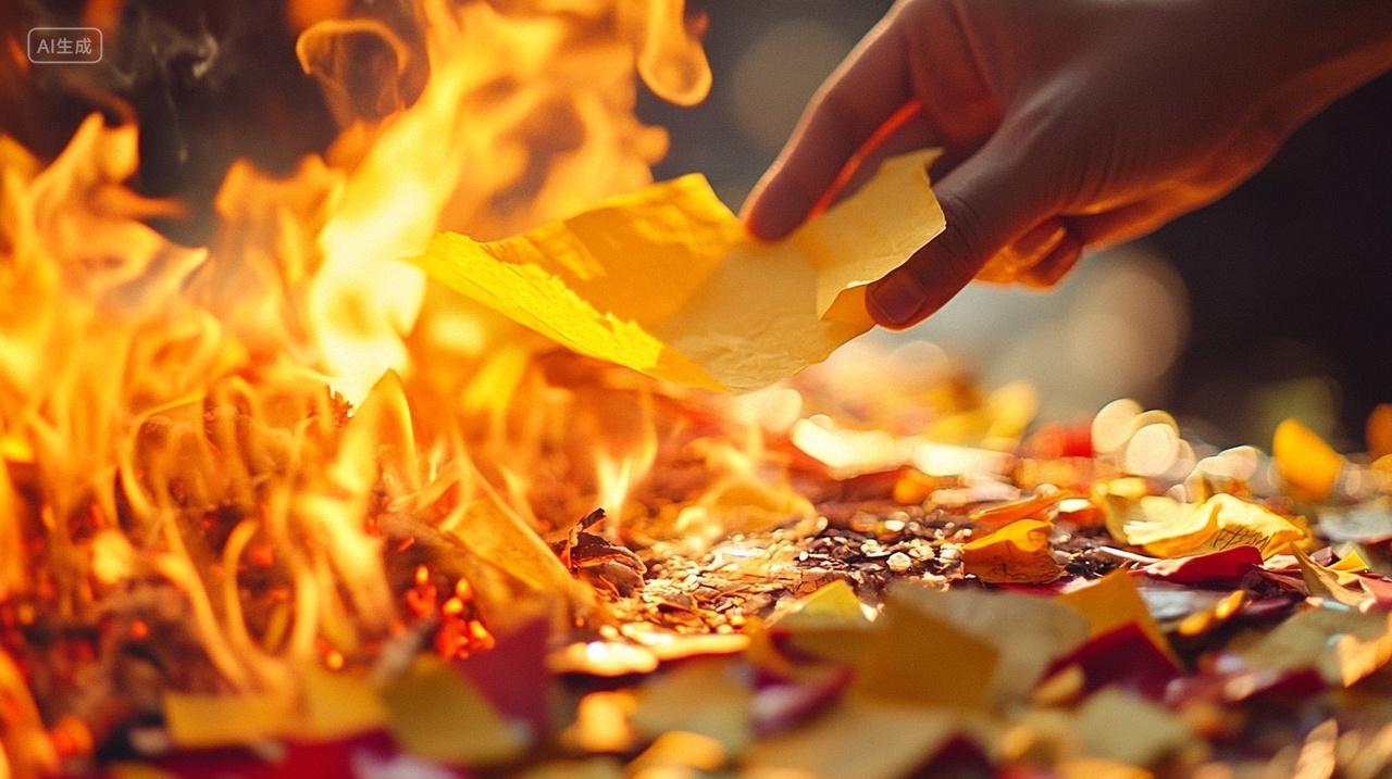 清明节燃烧的纸钱火焰中的纸钱祭拜祖先的纸钱