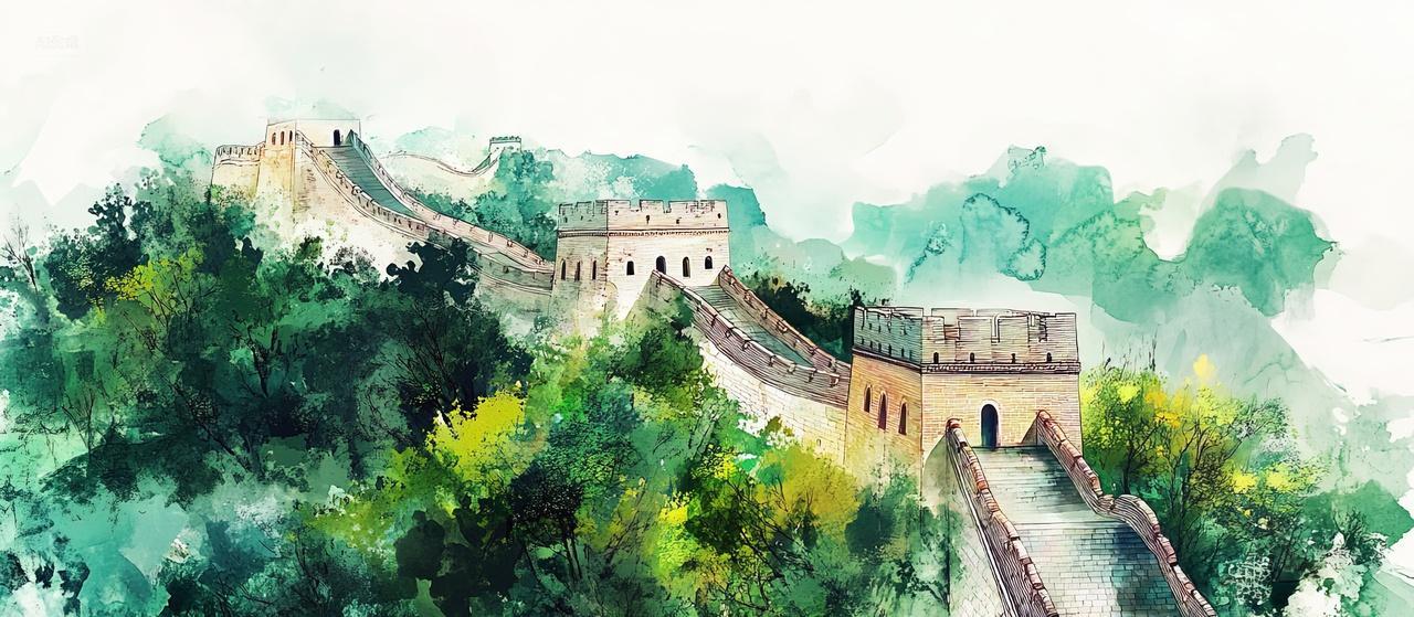 中国长城上长满了绿色的树木春分水墨插画海报背景