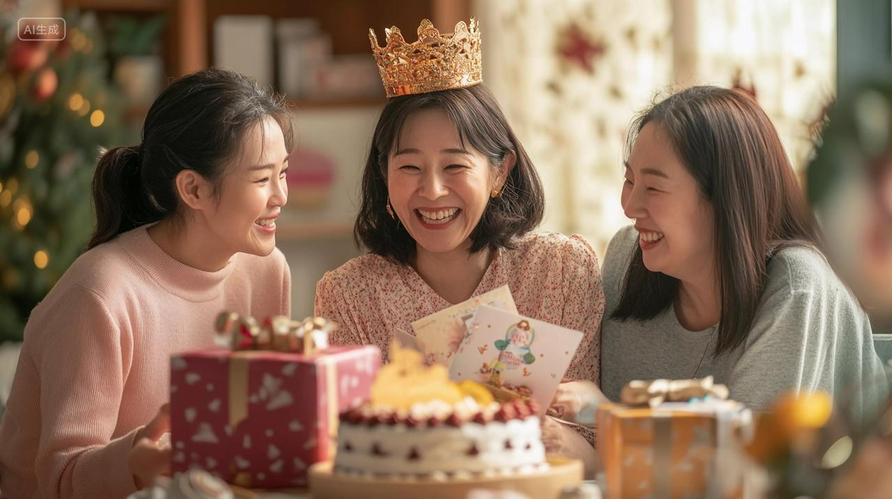 头戴皇冠女子与朋友围绕礼物蛋糕开心庆祝