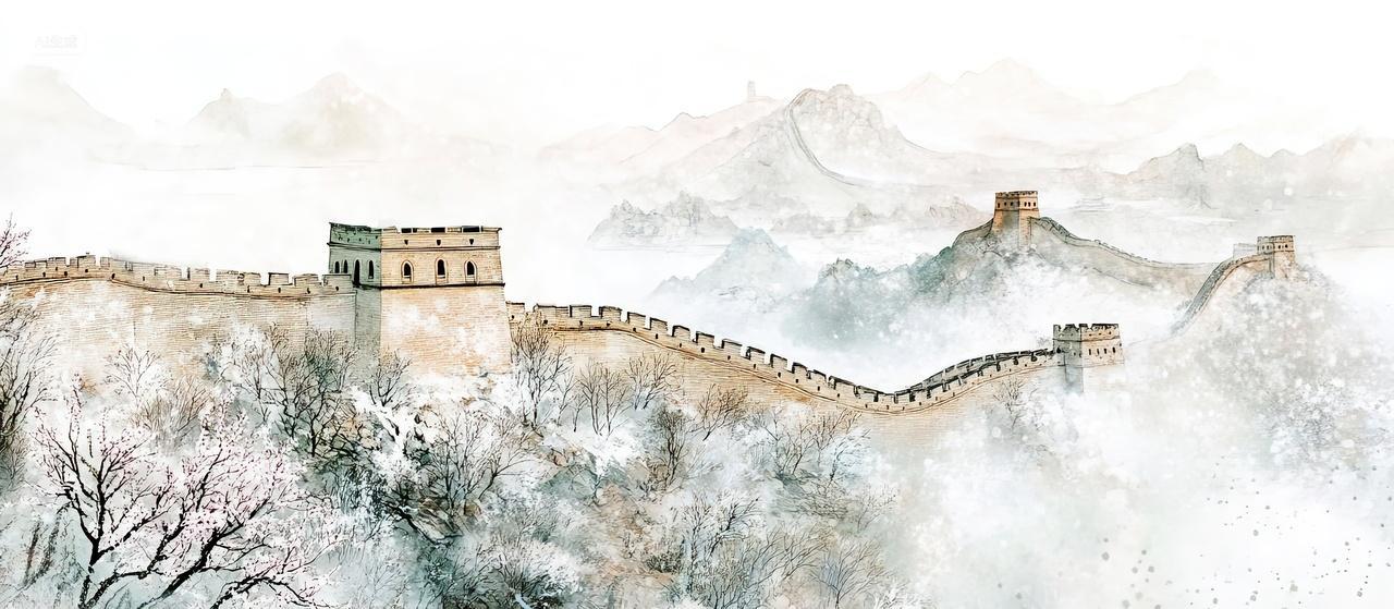 中国长城水墨插画国画春天二十四节气海报背景