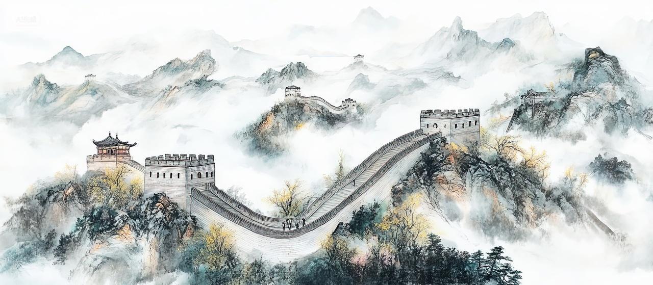 中国长城水墨国画党建春天风景海报背景